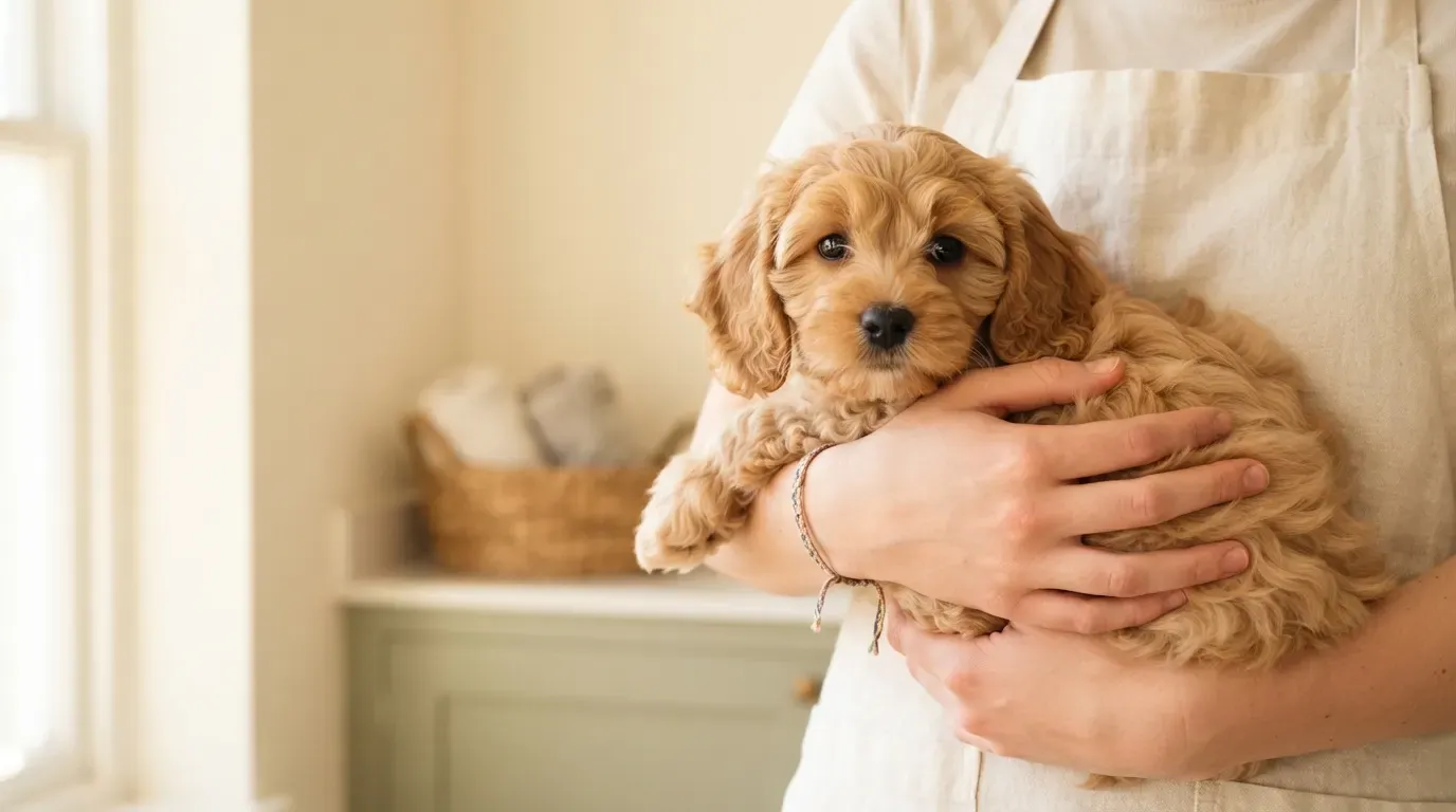 AVS licensed pet shop Singapore: caregiver hands gently holding an apricot Cavapoo puppy in a bright, well-kept space