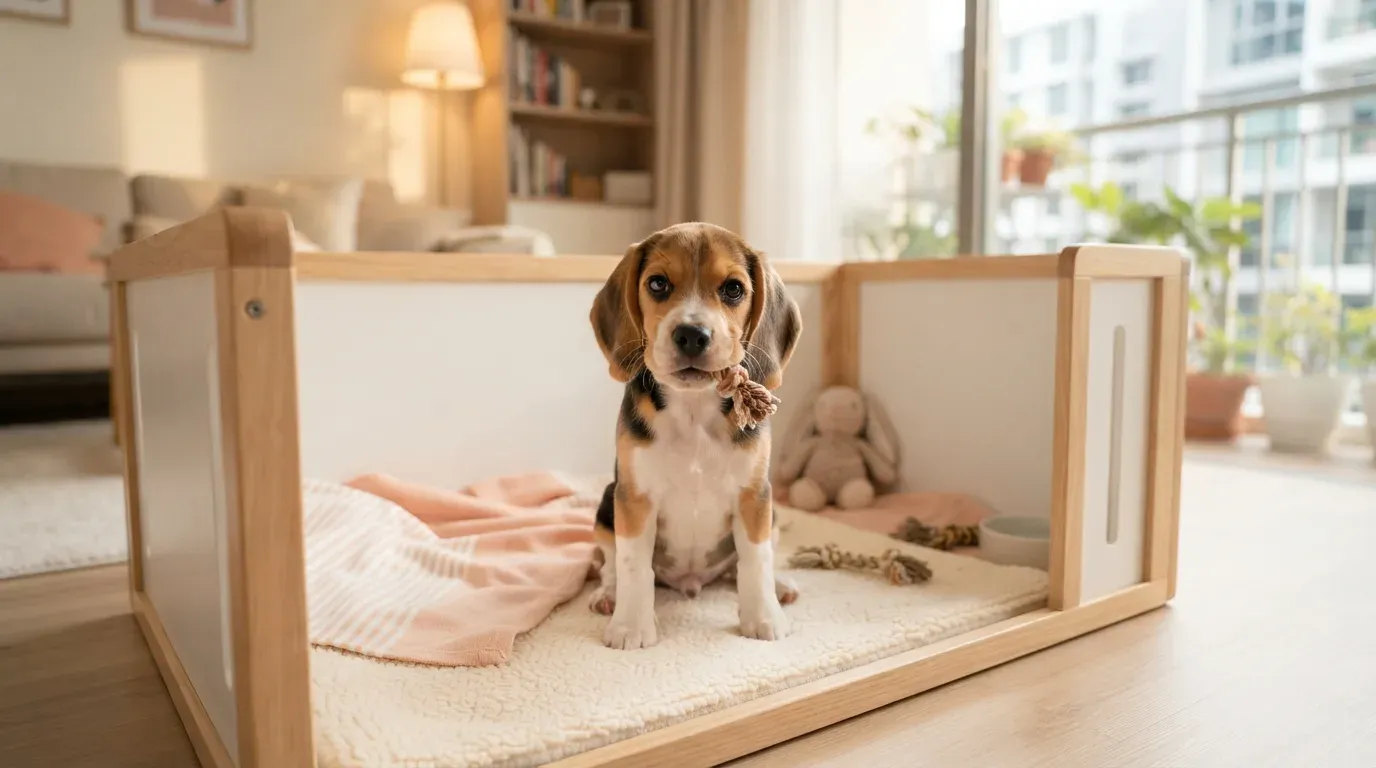 Beagle puppy sitting in a set-up playpen at a Singapore condo
