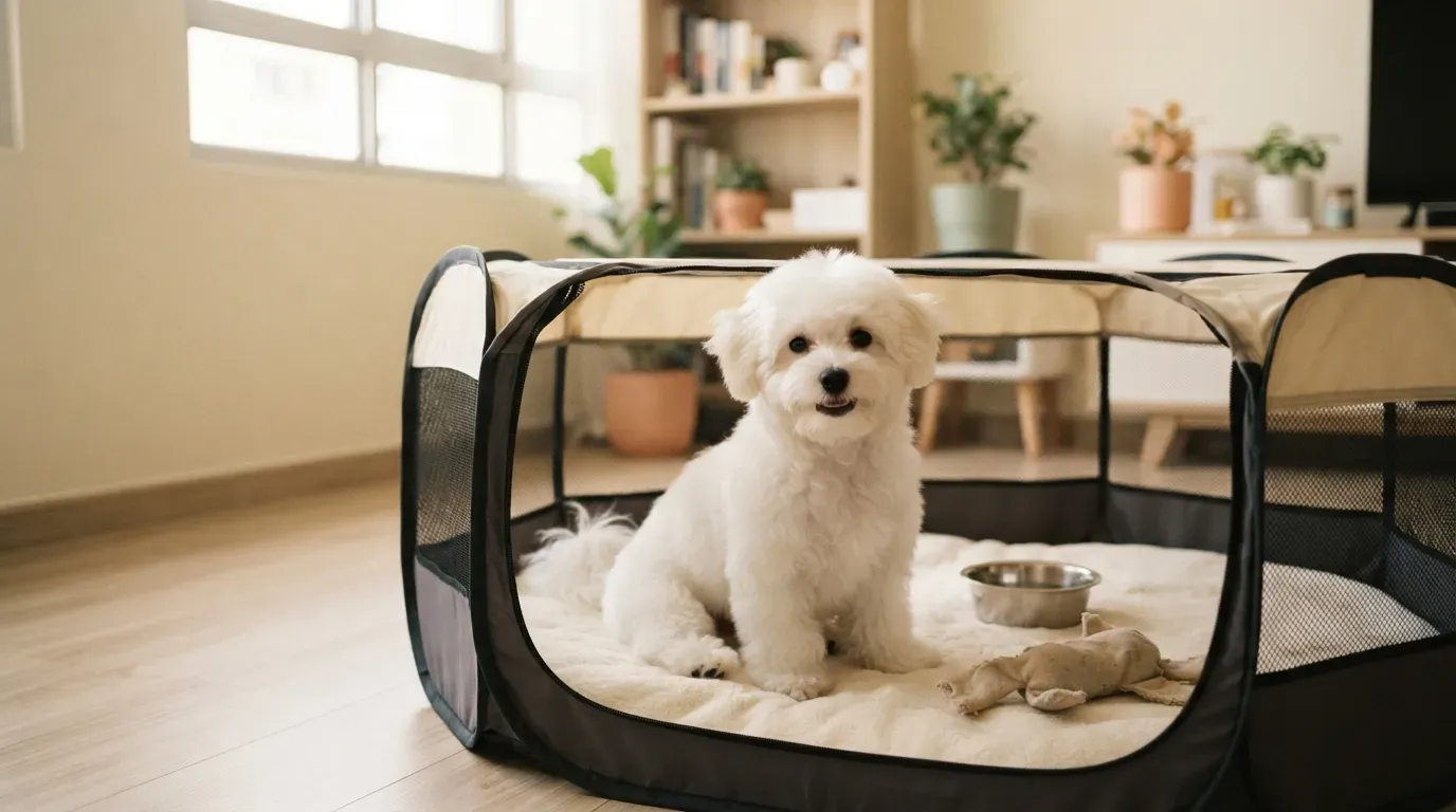 Bichon Frise puppy with a white curly coat sitting in a set-up playpen at a Balestier home