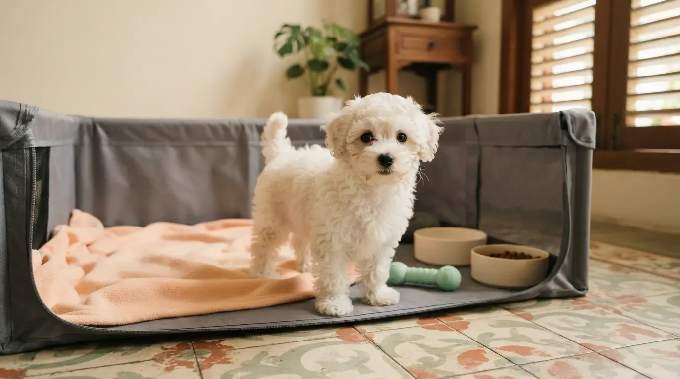 Bichonpoo puppy Singapore: white curly Poochon pup standing bright-eyed in its playpen at home