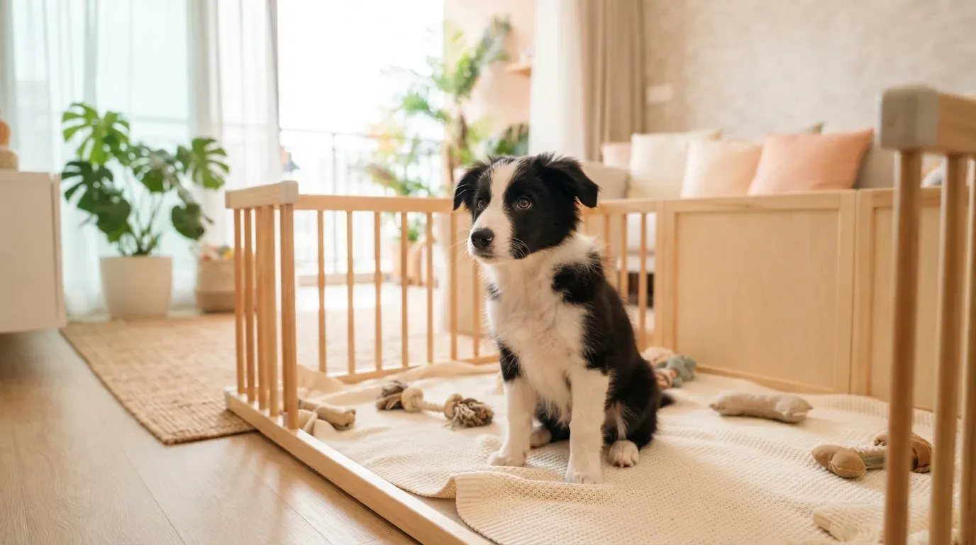 Black and white Border Collie puppy with a focused gaze in a set-up playpen at a Singapore home