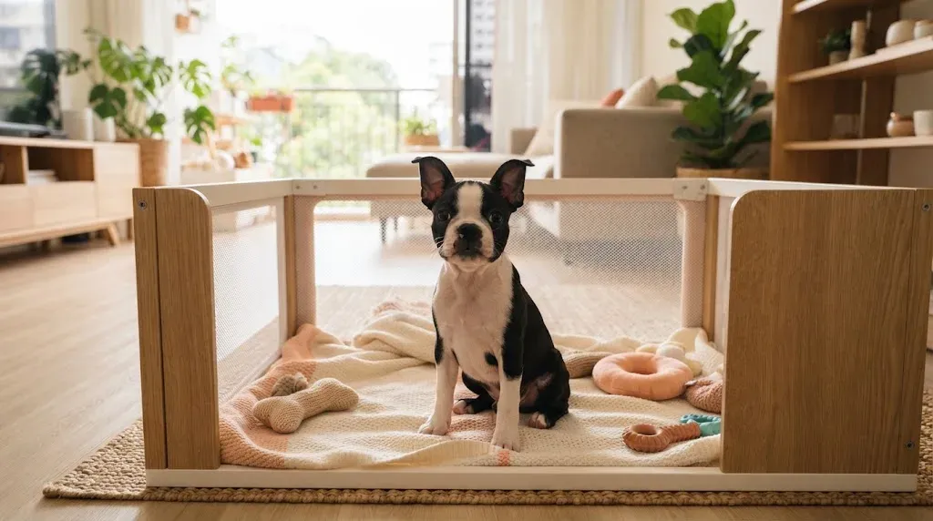Black and white Boston Terrier puppy sitting in a set-up playpen at a Balestier home