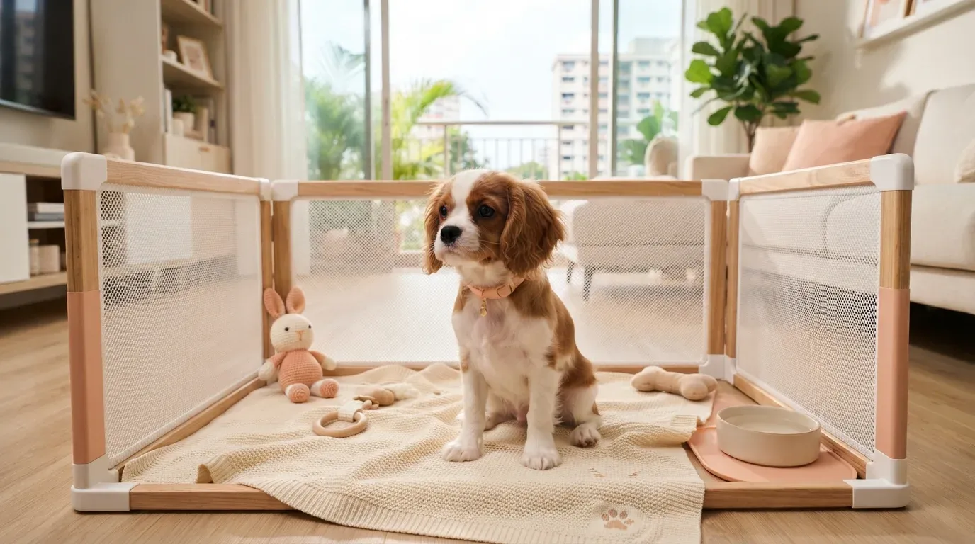 Blenheim Cavalier King Charles Spaniel puppy sitting in a set-up playpen at a Balestier home