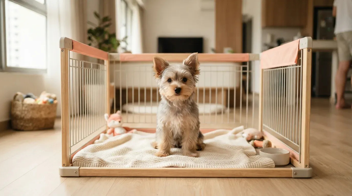 Blue and tan Silky Terrier puppy sitting in a set-up playpen at a Balestier home