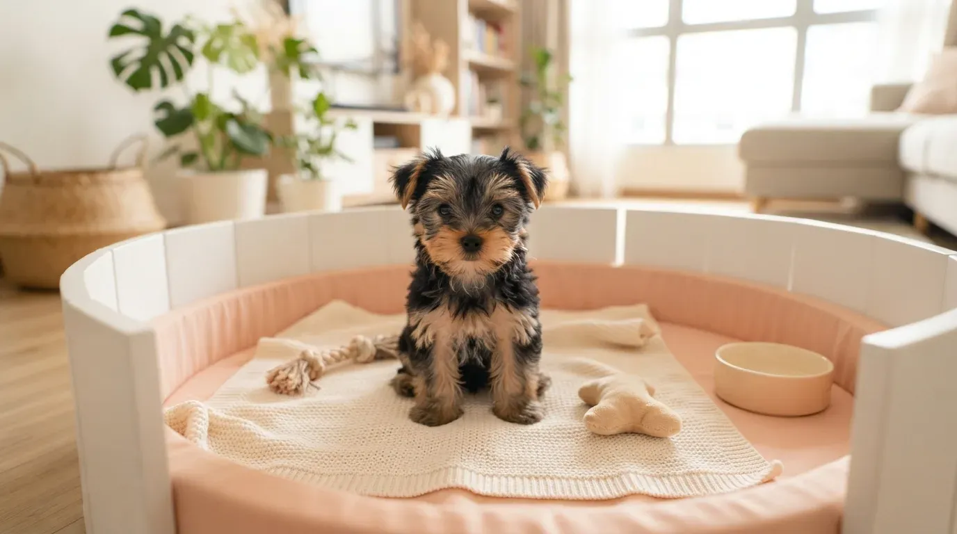 Blue and tan Yorkshire Terrier puppy sitting in a set-up playpen at a Balestier home