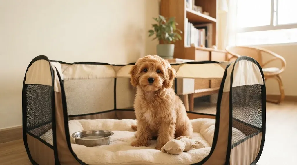 Cavapoochon puppy with a soft teddy-bear coat sitting in a set-up playpen at a Balestier home