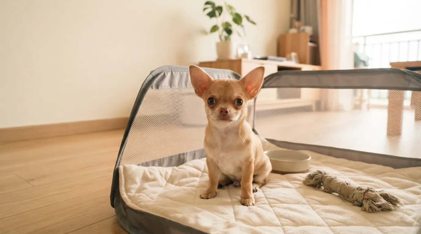 Fawn Chihuahua puppy sitting in a set-up playpen at a Balestier home