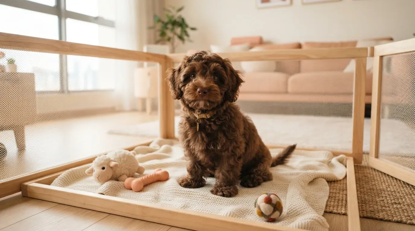 Chocolate Havanese puppy sitting in a set-up playpen at a Balestier home