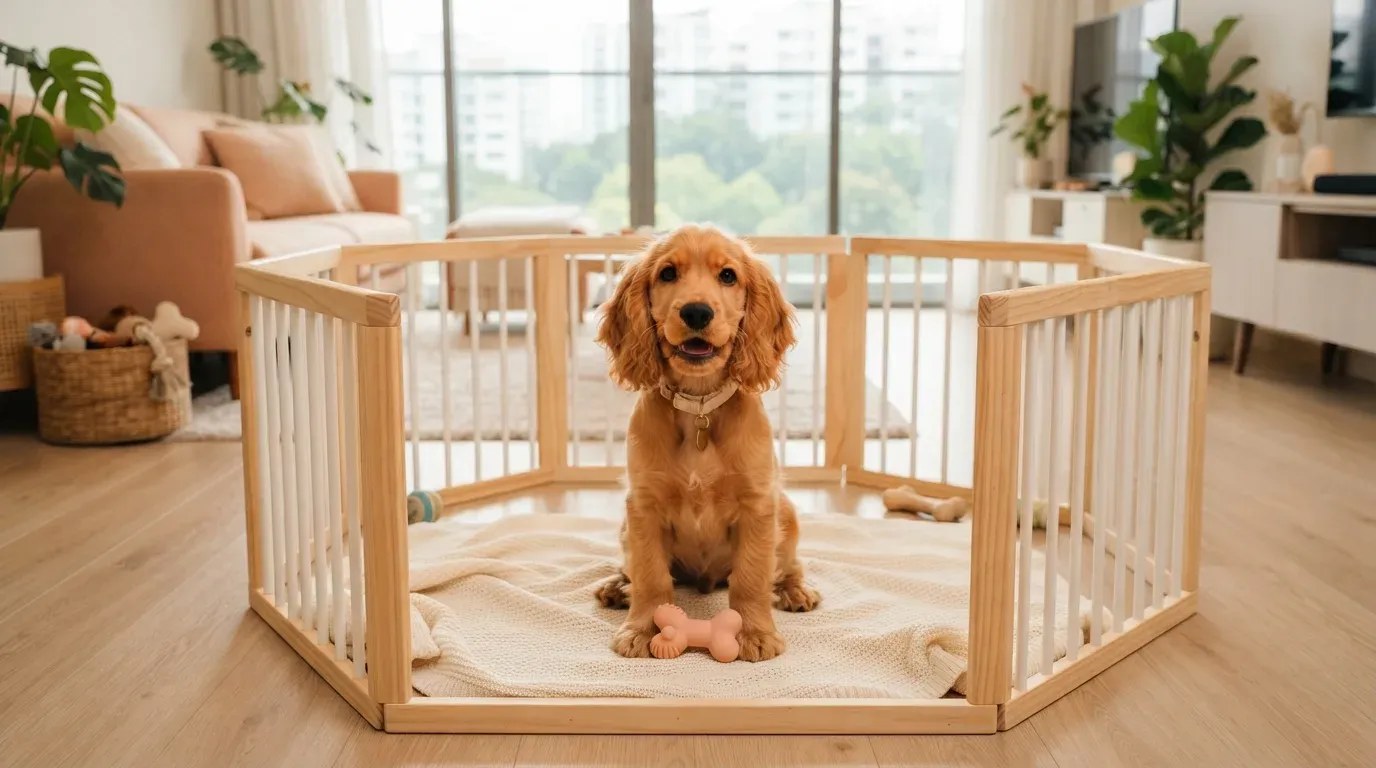 Cocker Spaniel puppy sitting in a set-up playpen at a Singapore condo