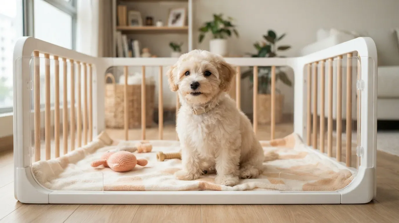 Cream Shihpoo puppy sitting in a set-up playpen at a Balestier home