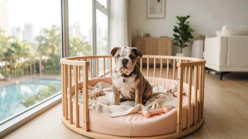 English Bulldog puppy sitting in a set-up playpen at a Singapore condo