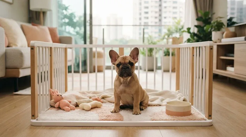 Fawn French Bulldog puppy sitting in a set-up playpen at a Singapore condo
