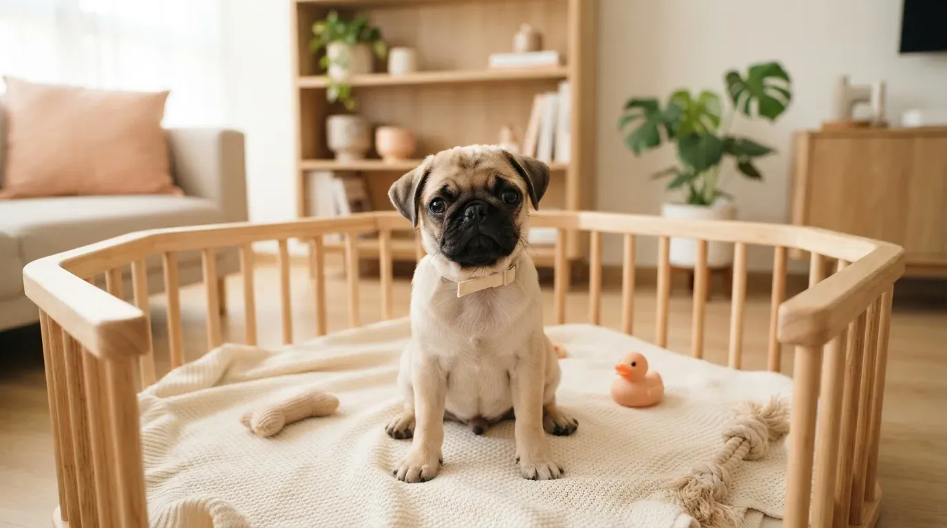 Fawn Pug puppy sitting in a set-up playpen at a Balestier home