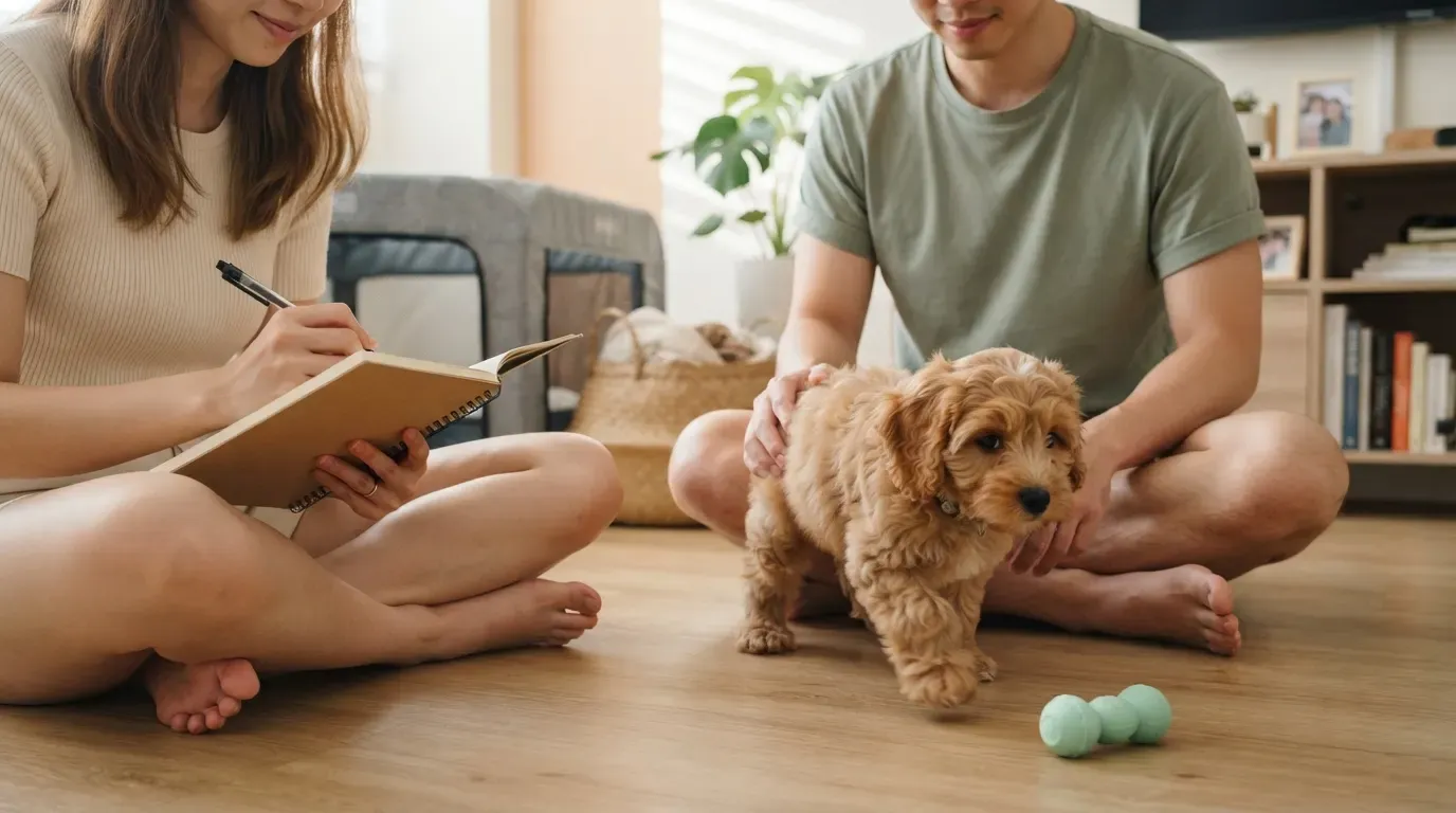 First time dog owner Singapore: couple on the floor with a checklist notebook while their new Cavapoo puppy explores