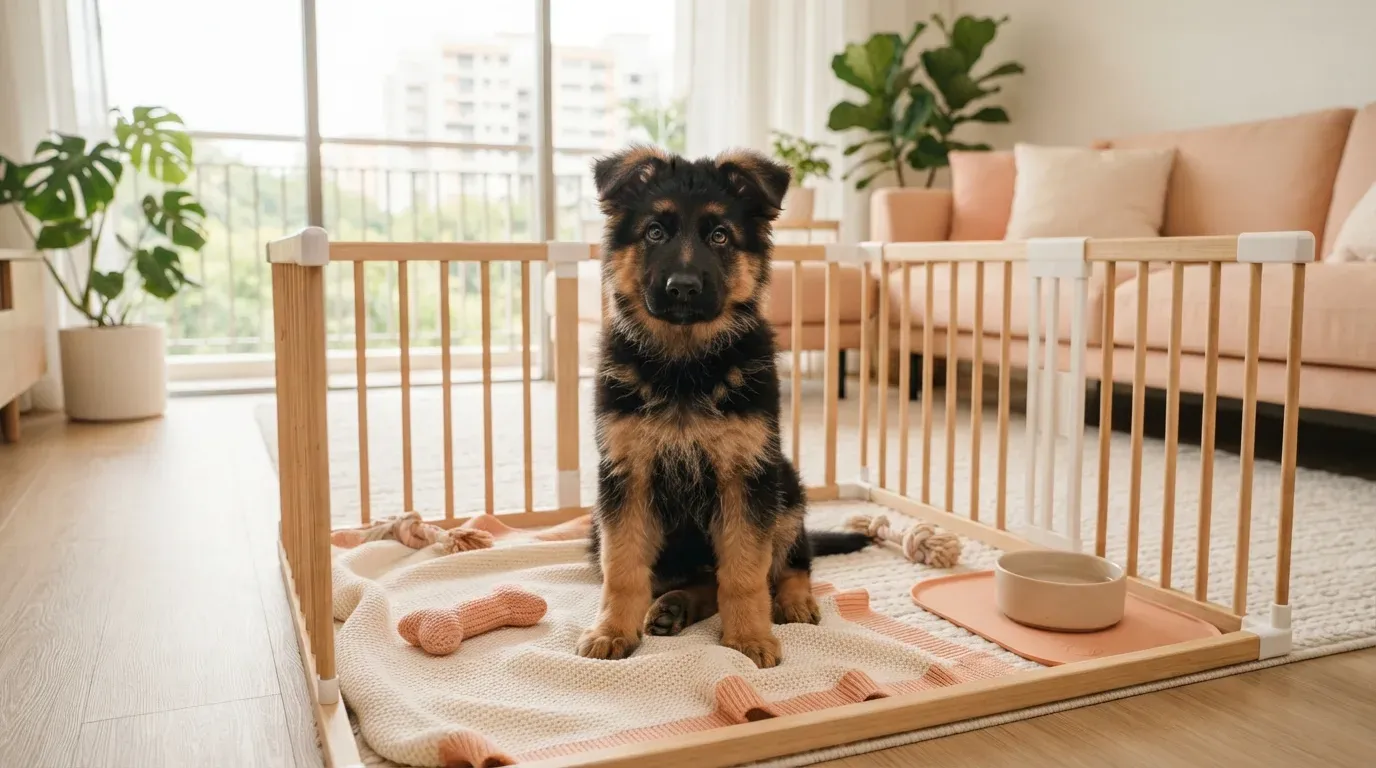 German Shepherd puppy sitting in a set-up playpen at a Singapore condo