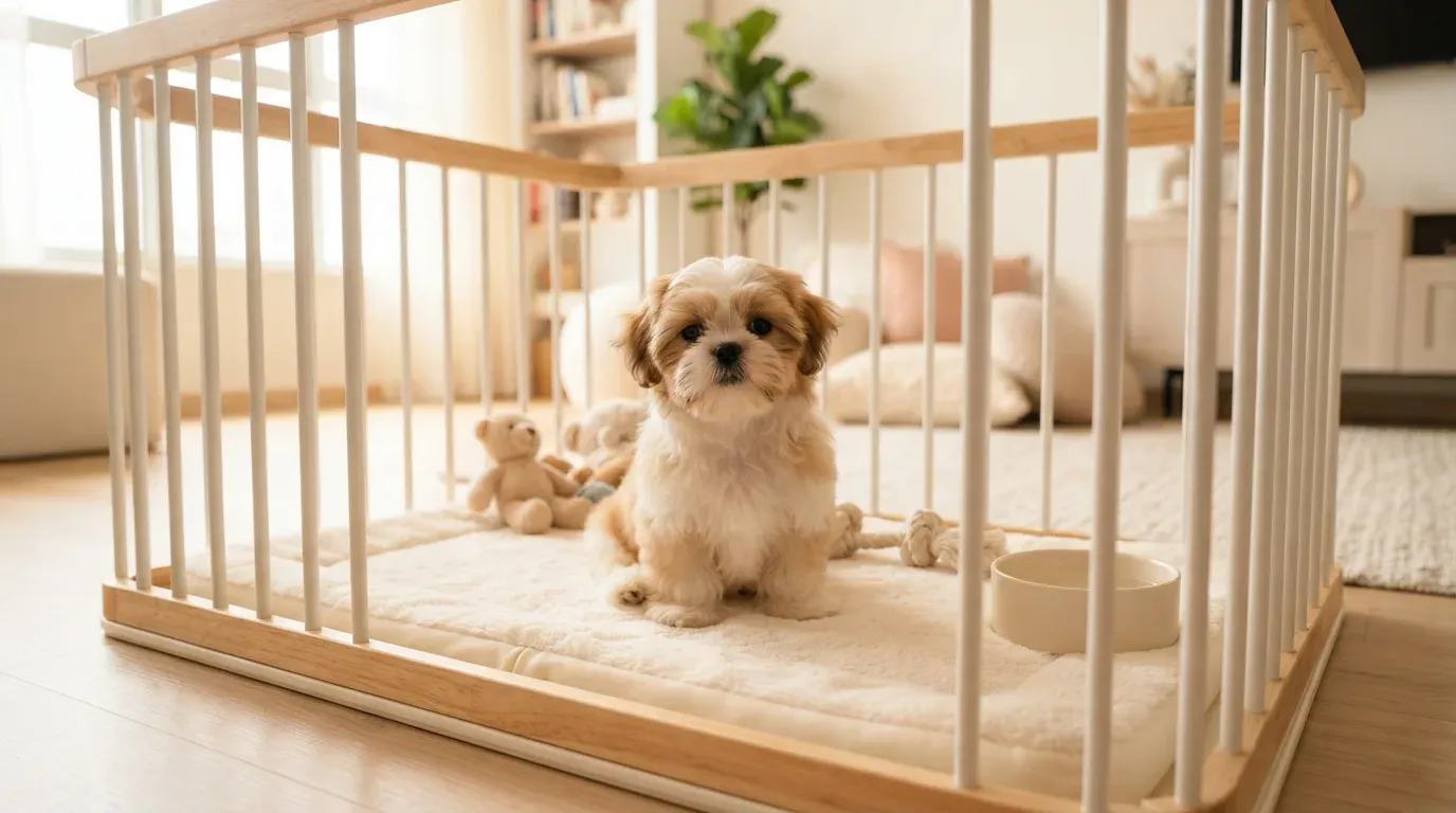 Gold and white Shih Tzu puppy sitting in a set-up playpen at a Balestier home