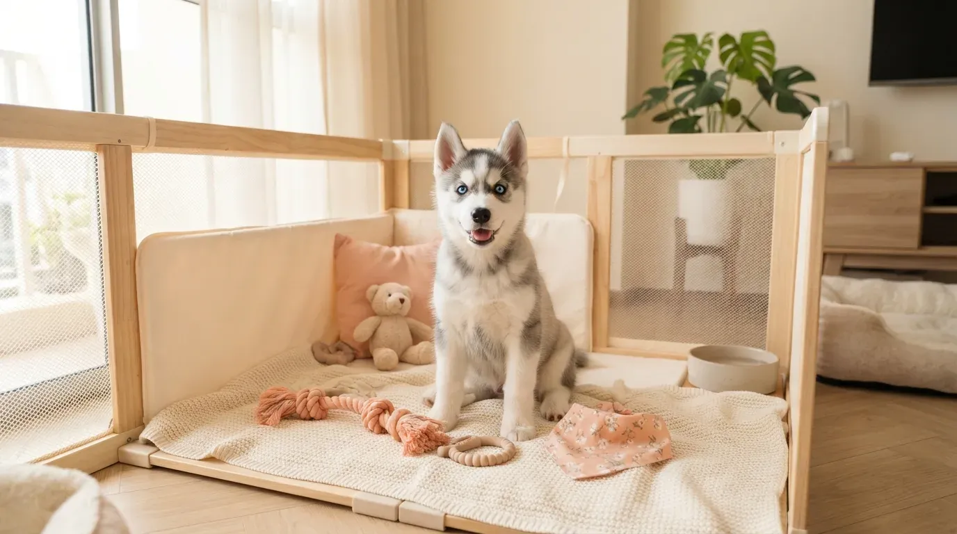 Grey and white Siberian Husky puppy with blue eyes in a set-up playpen at a Singapore home