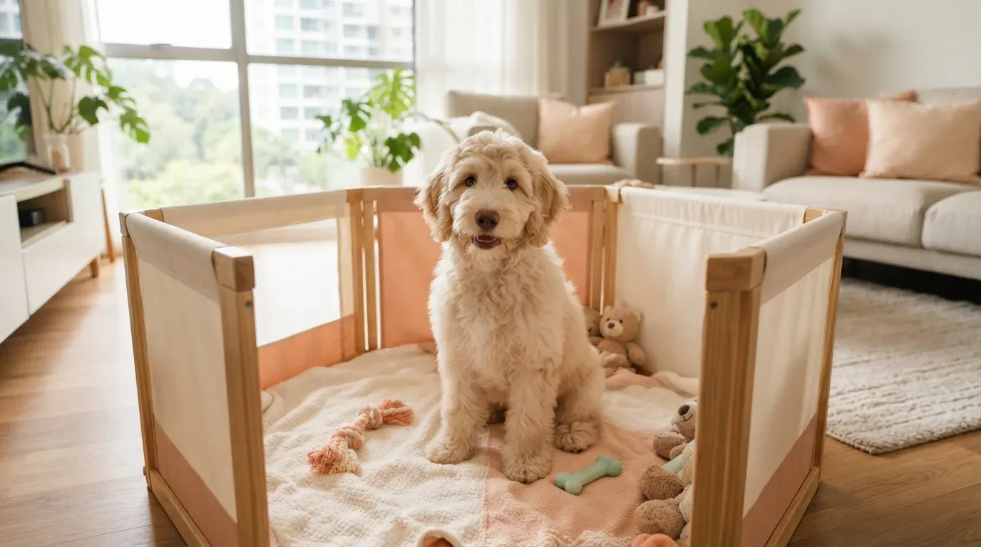 Labradoodle puppy sitting in a set-up playpen at a Singapore condo
