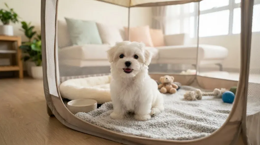 Maltese puppy with a snow-white coat sitting in a set-up playpen at a Balestier home