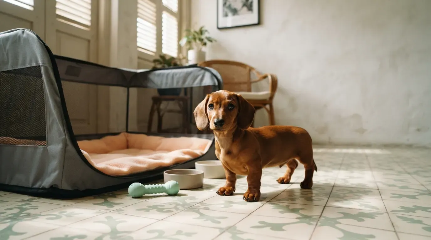 Mini Dachshund puppy Singapore: red smooth-coat pup standing alert in its set-up playpen at home