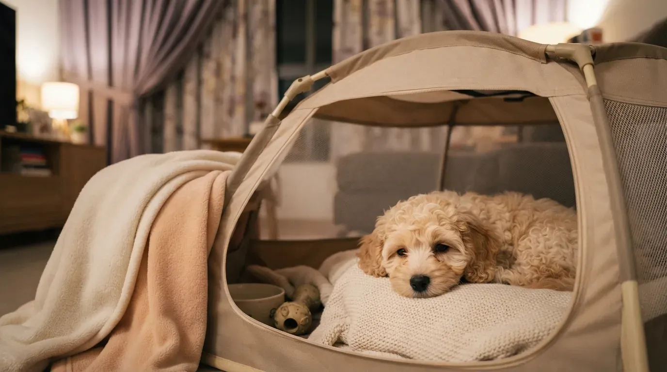 Cream puppy resting in a covered playpen fireworks safe room in Singapore