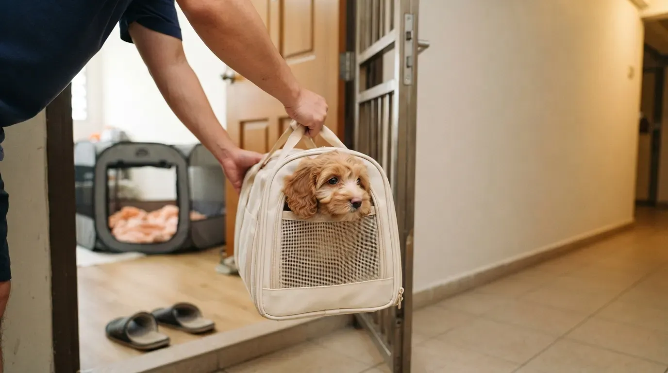 Puppy home delivery Singapore: carrier with an apricot Cavapoo arriving at an HDB doorway on delivery day