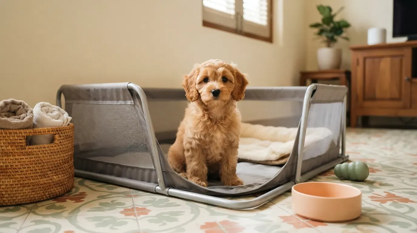 Puppy pricing in Singapore made transparent: apricot Cavapoo puppy in its playpen with the included starter kit around it