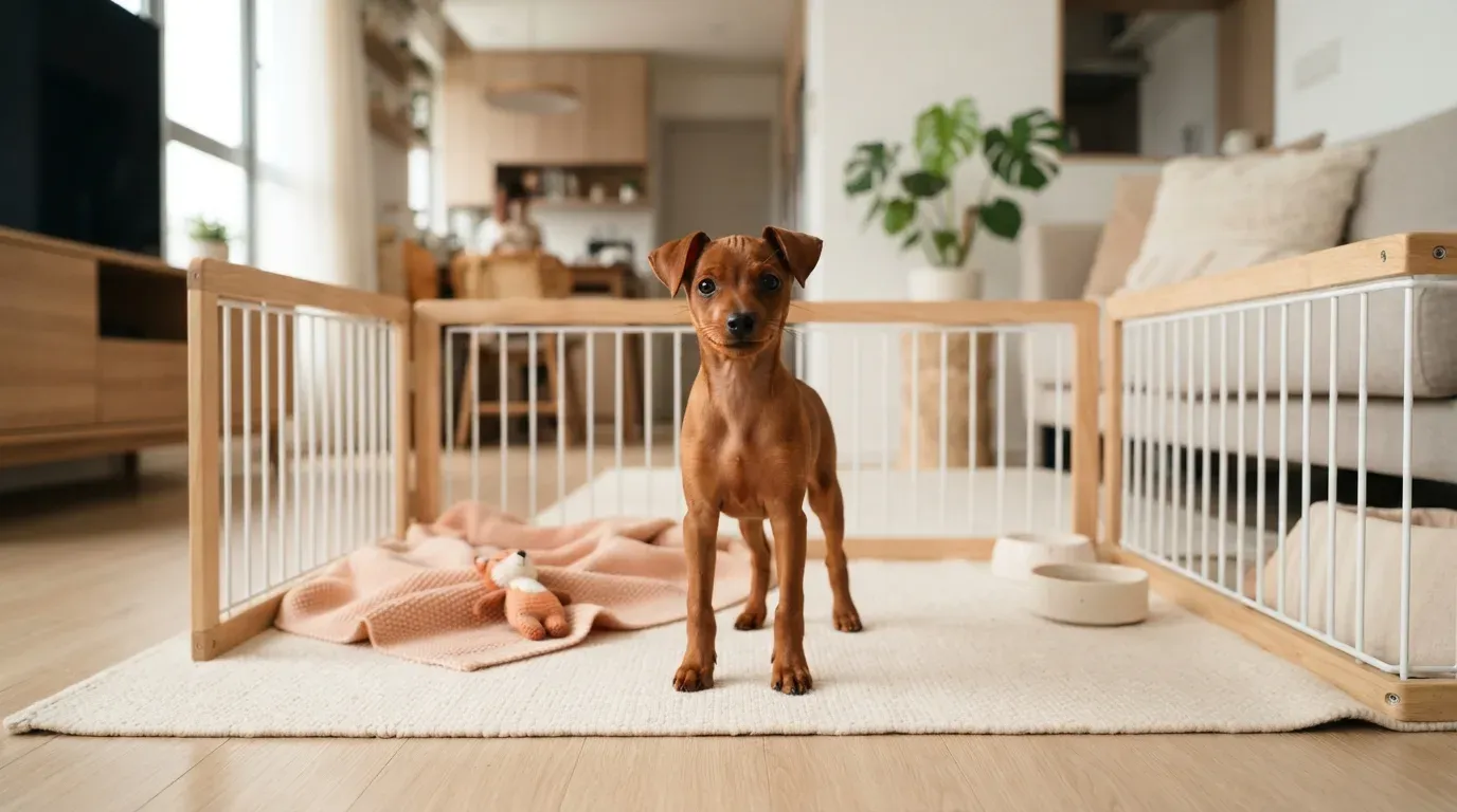 Red Miniature Pinscher puppy standing proudly in a set-up playpen at a Balestier home