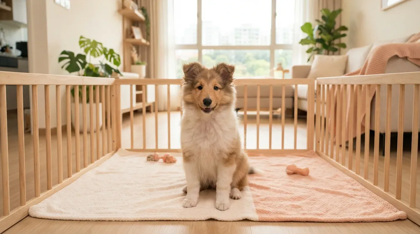 Sable and white Shetland Sheepdog puppy sitting in a set-up playpen at a Balestier home