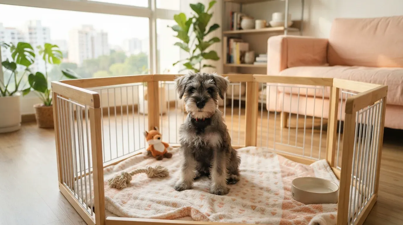 Salt and pepper Miniature Schnauzer puppy sitting in a set-up playpen at a Balestier home