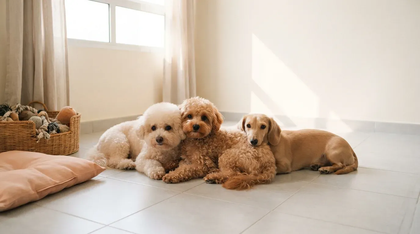 Small dog breeds resting together on the tiled floor of a bright Singapore HDB flat