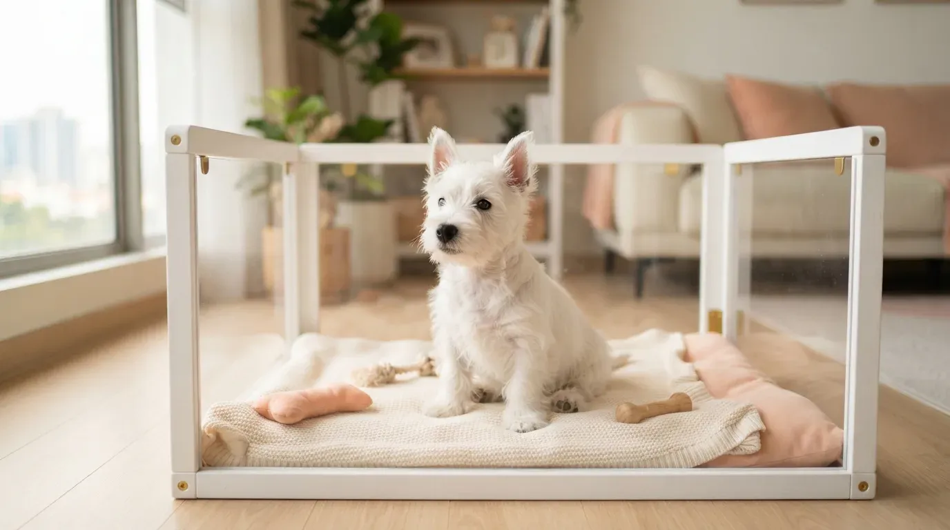 West Highland White Terrier puppy sitting in a set-up playpen at a Balestier home