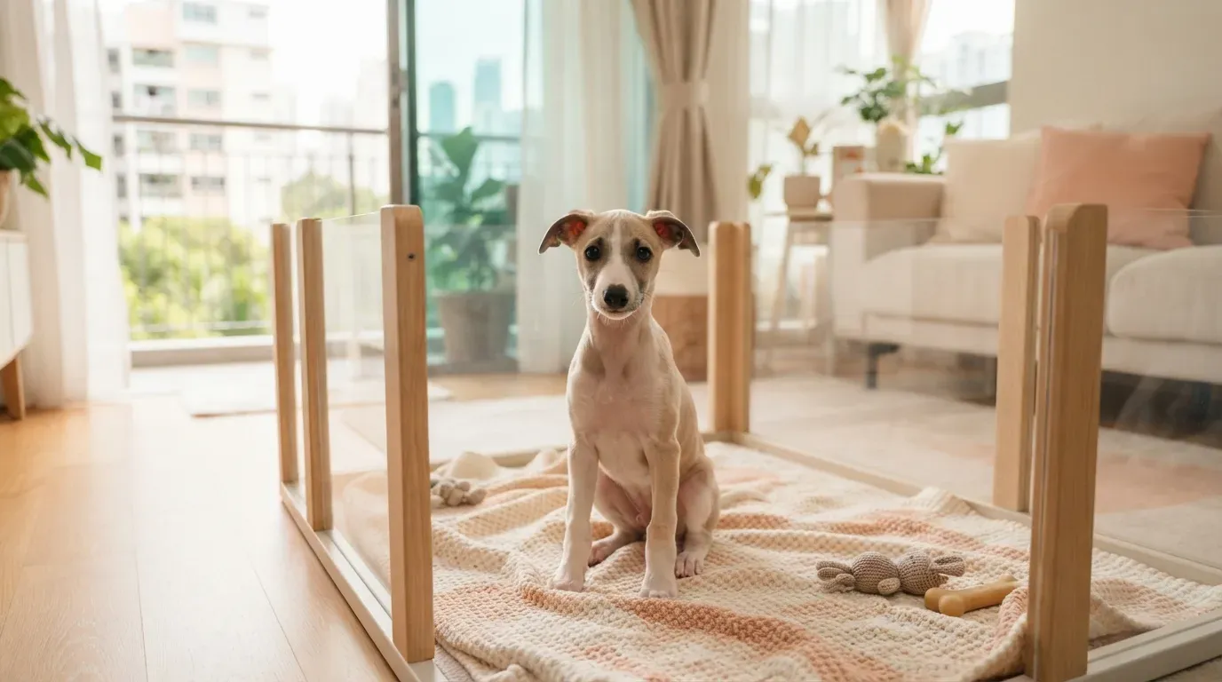 Whippet puppy sitting in a set-up playpen at a Singapore condo