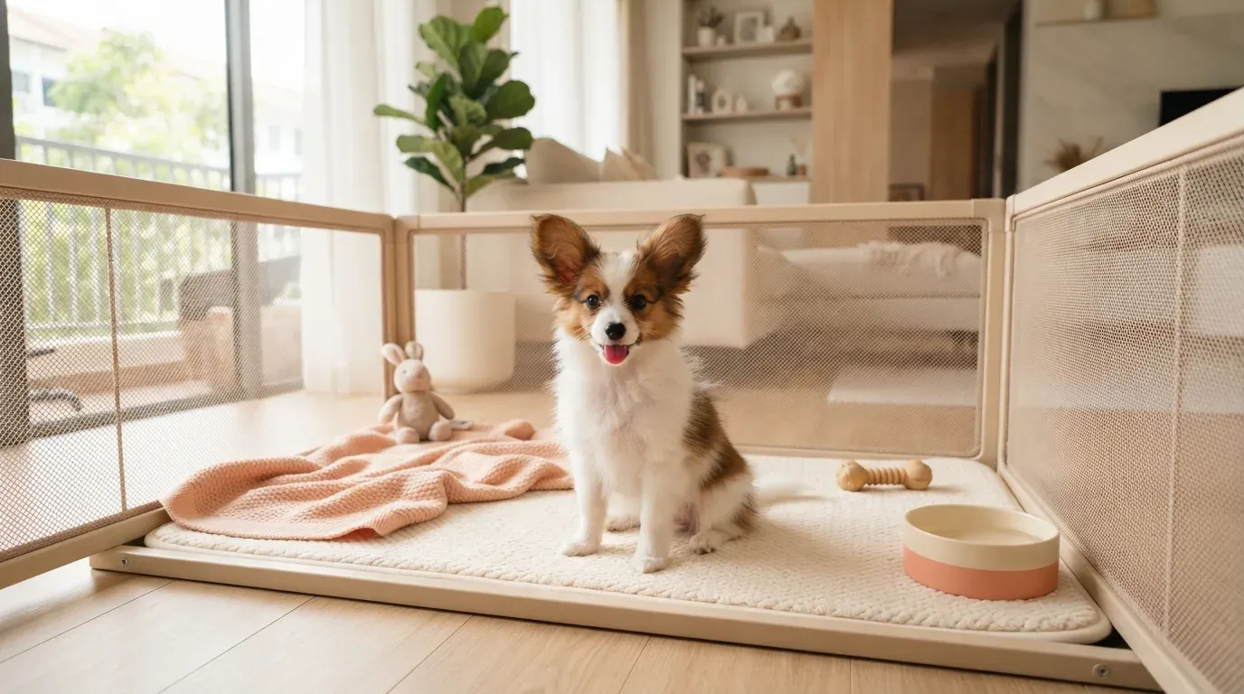 White and sable Papillon puppy with butterfly ears sitting in a set-up playpen at a Balestier home