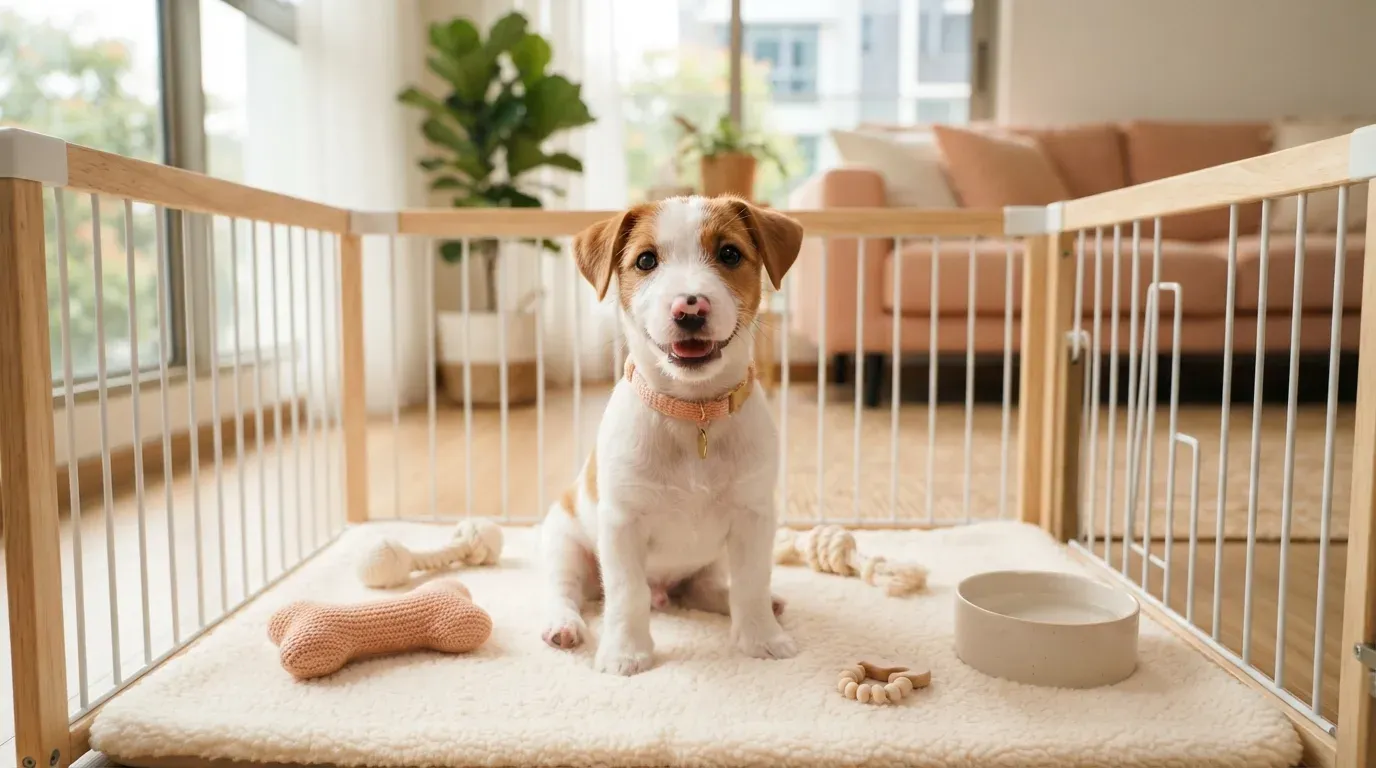 White and tan Jack Russell Terrier puppy sitting in a set-up playpen at a Balestier home