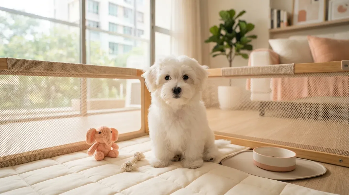 White Coton de Tulear puppy with a cotton-textured coat sitting in a set-up playpen at a Balestier home