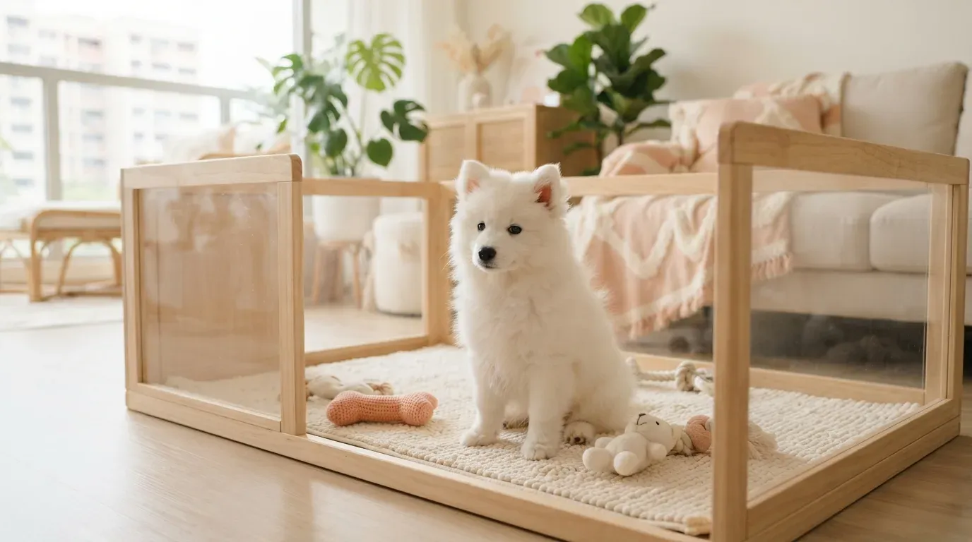 White Japanese Spitz puppy sitting in a set-up playpen at a Balestier home