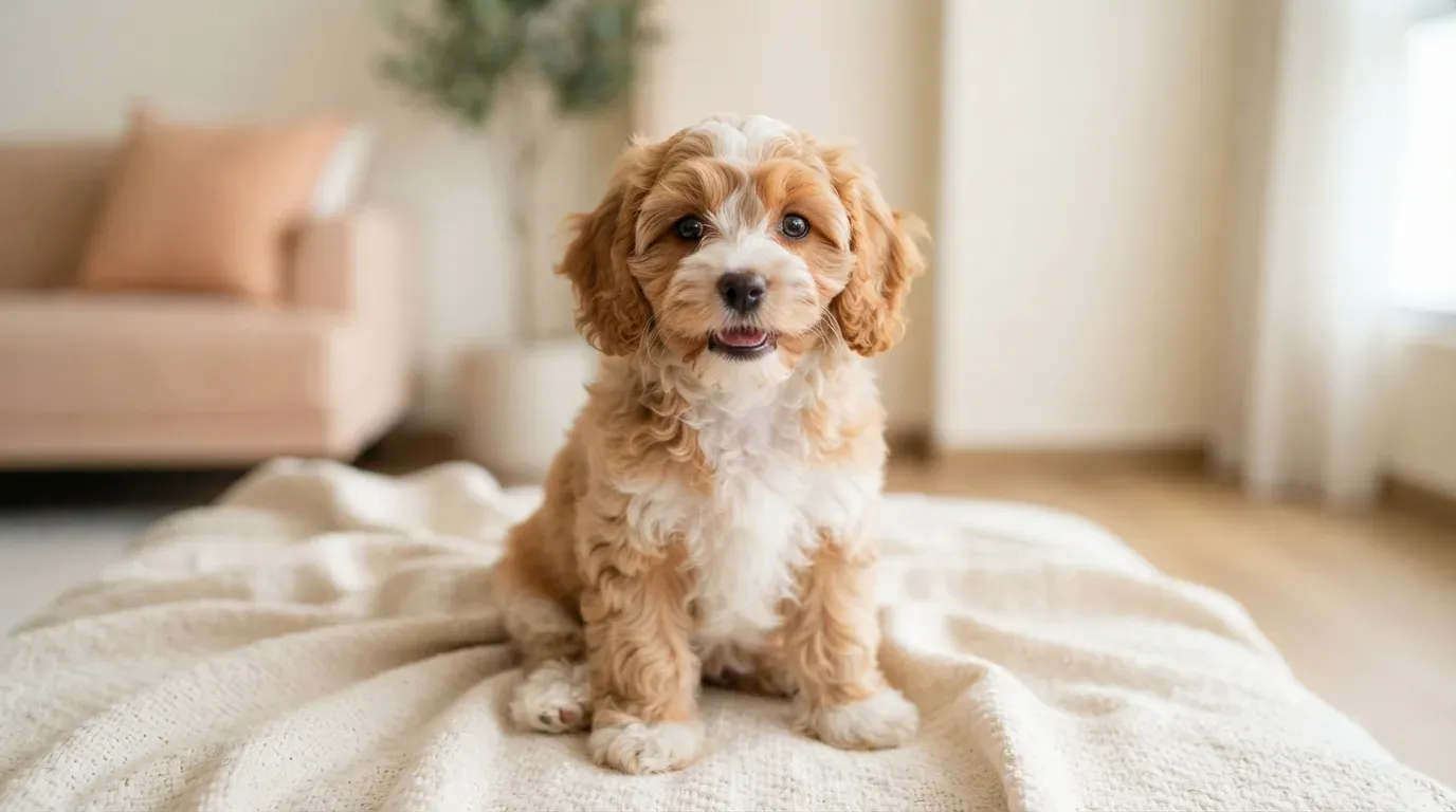 Apricot and white Cavachon puppy portrait, one of the Cavachon puppies available in Singapore