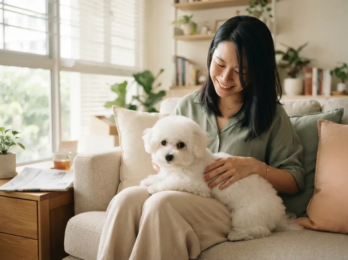 Bichon Frise puppy cuddled close on a caregiver's lap at home