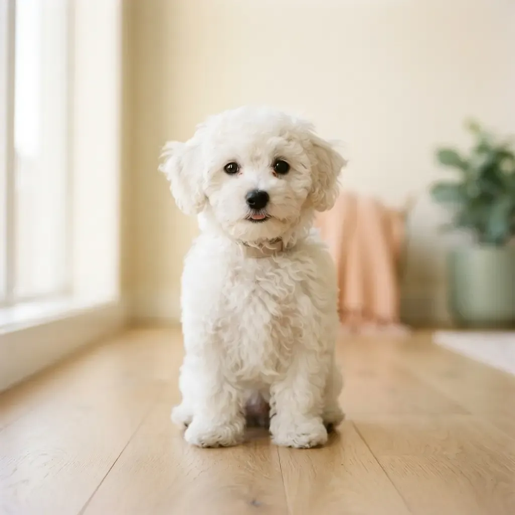 Bichonpoo puppy with a white curly coat