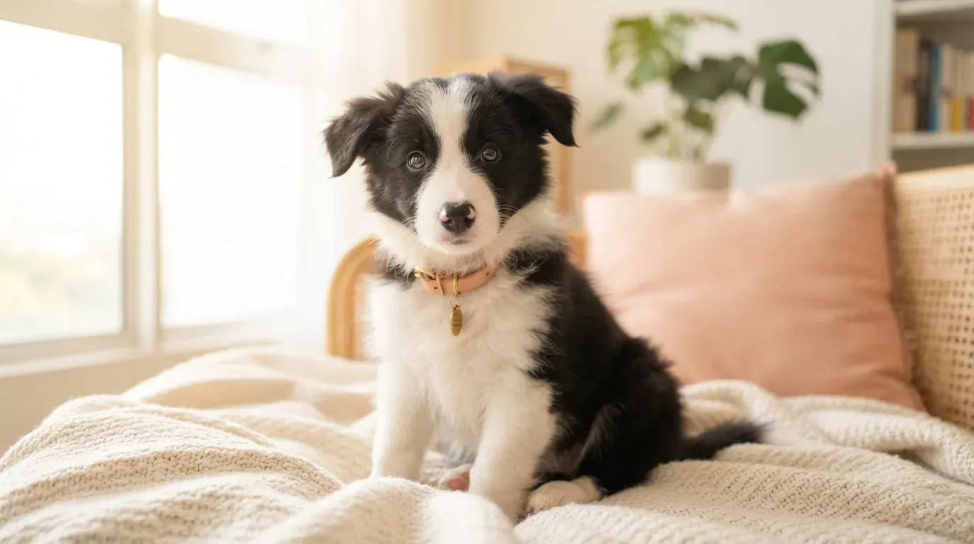 Black and white Border Collie puppy portrait, one of the Border Collie puppies available in Singapore