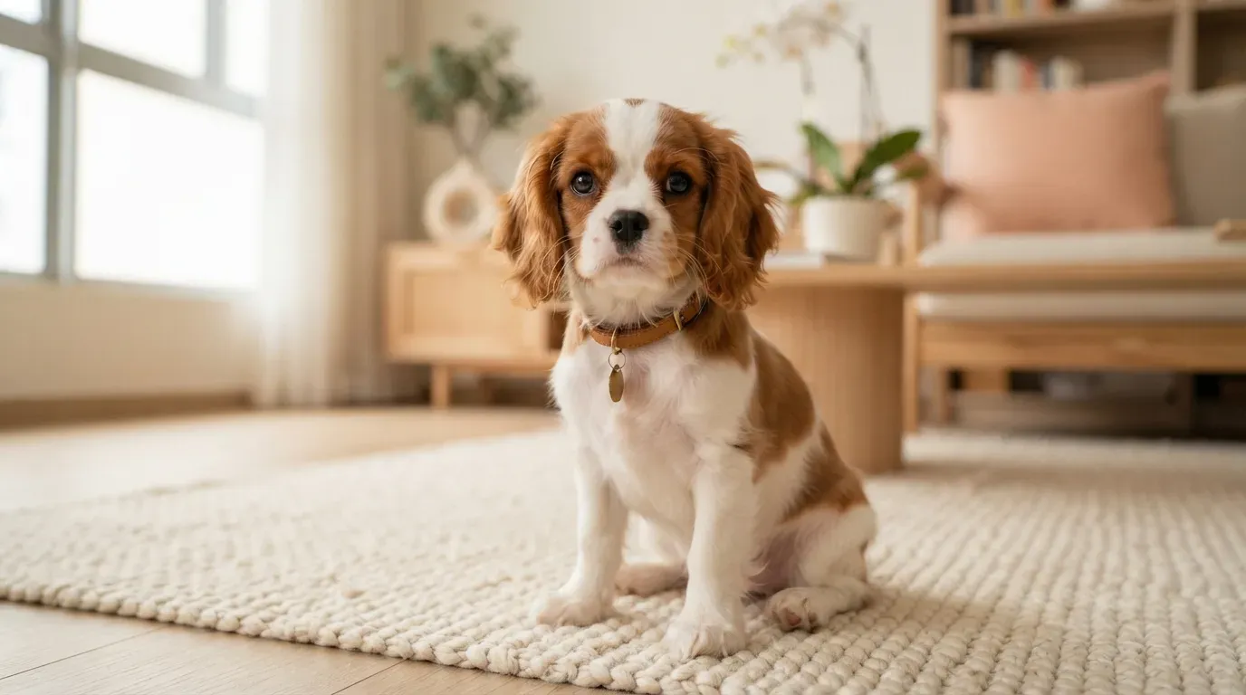 Blenheim Cavalier King Charles Spaniel puppy portrait, one of the Cavalier puppies available in Singapore
