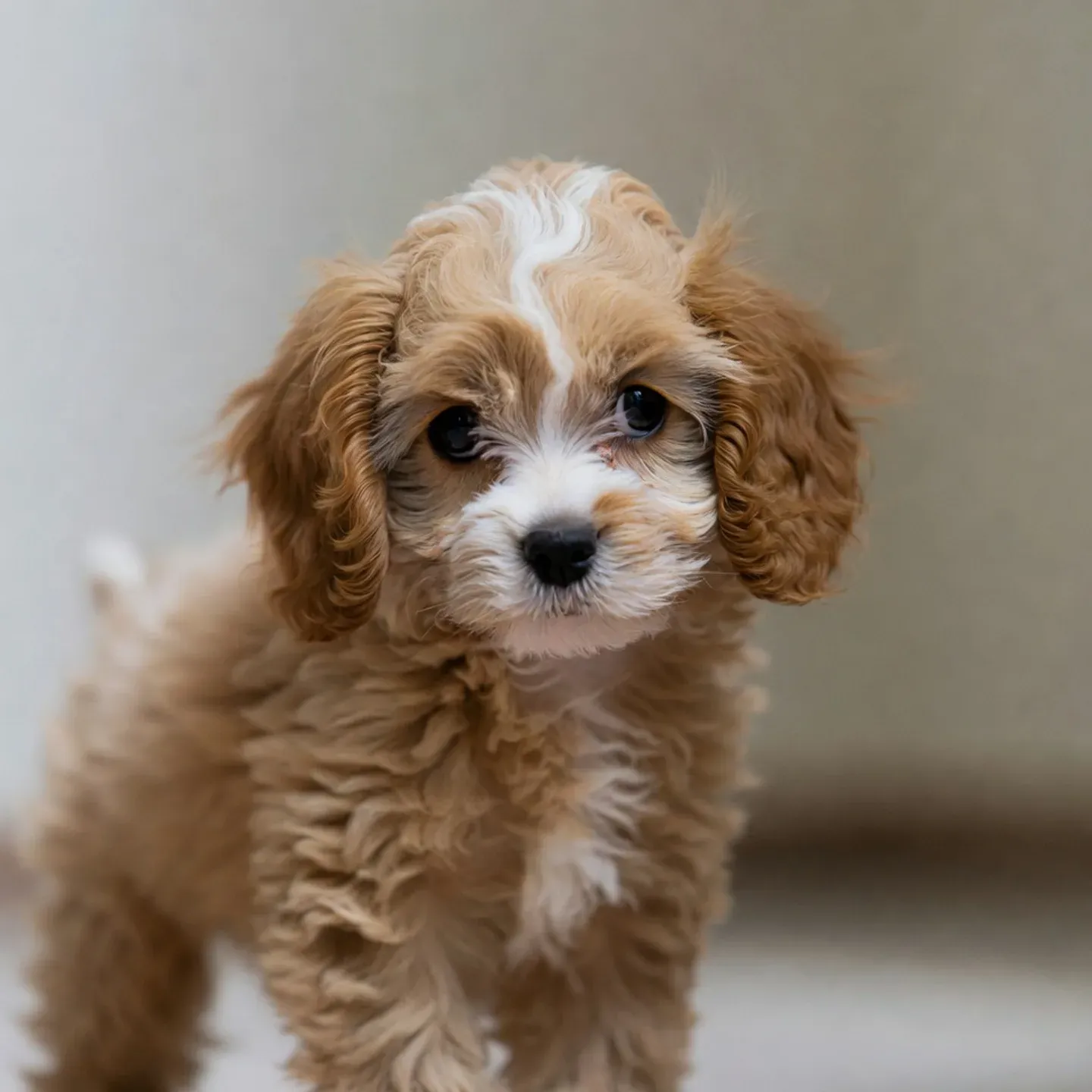 Cavapoo puppy sitting on a light wood floor