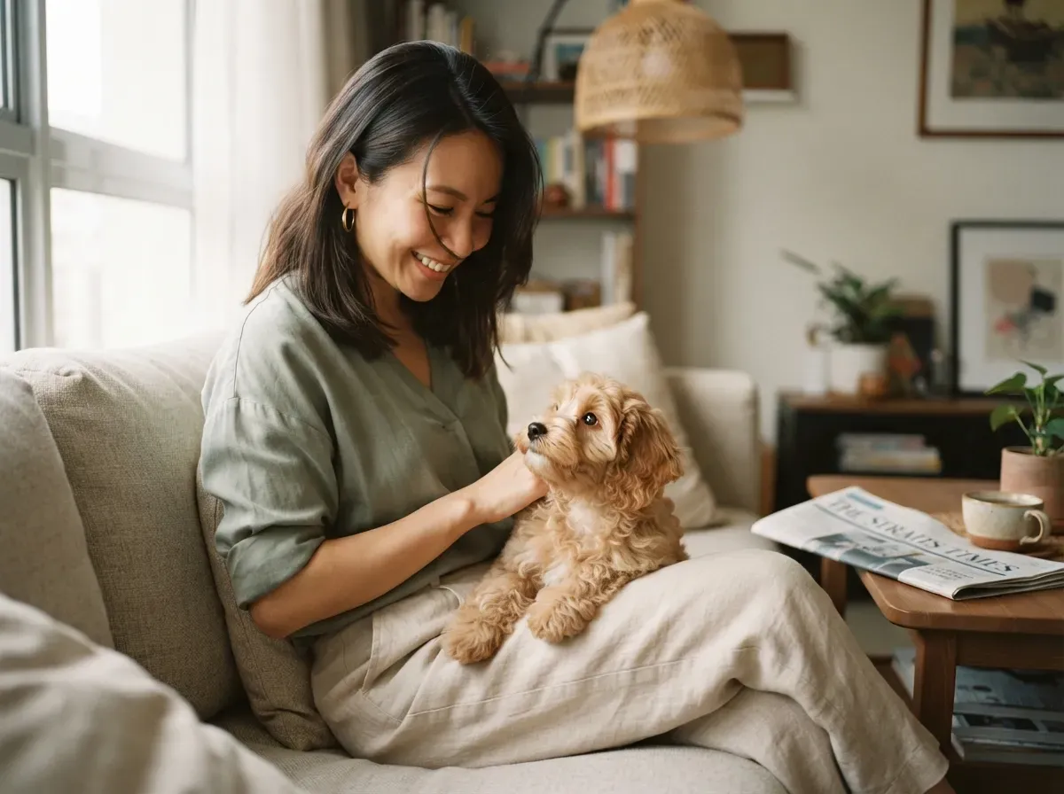 Cavapoochon puppy cuddled close on a caregiver's lap at home