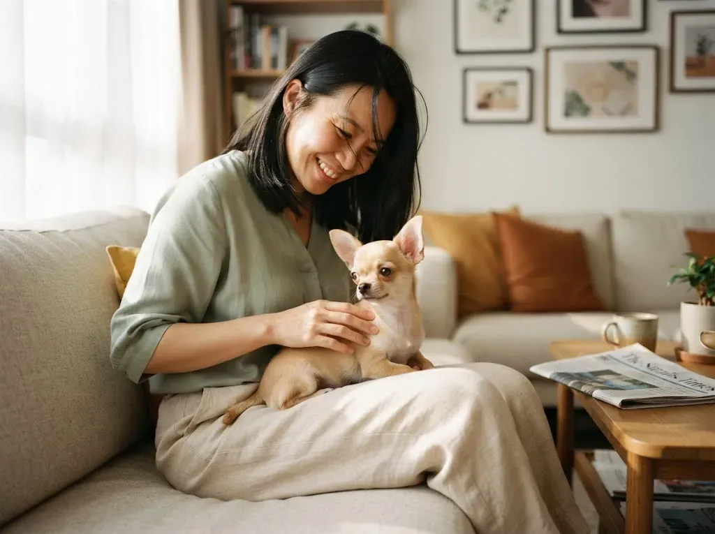 Chihuahua puppy cuddled close on a caregiver's lap at home