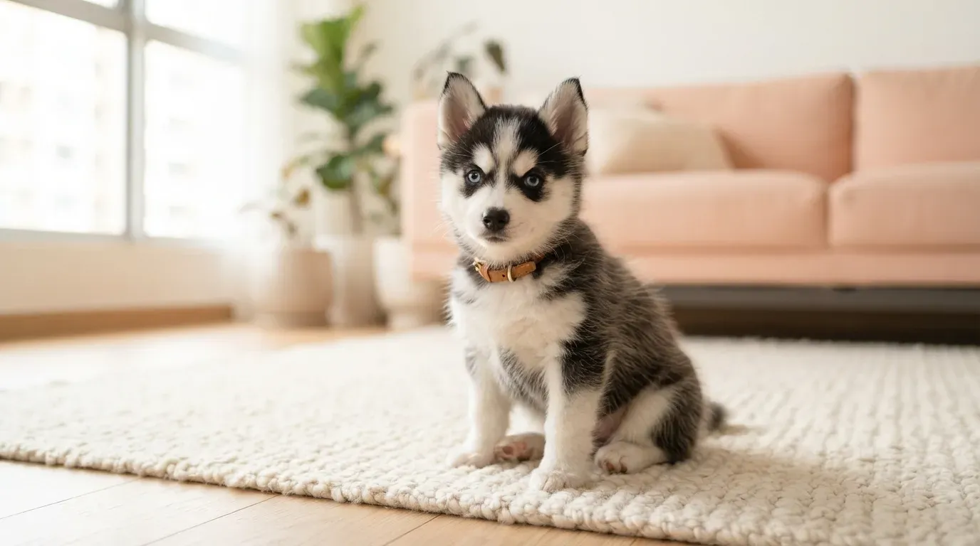 Husky-marked Pomsky puppy portrait, one of the Pomsky puppies available in Singapore