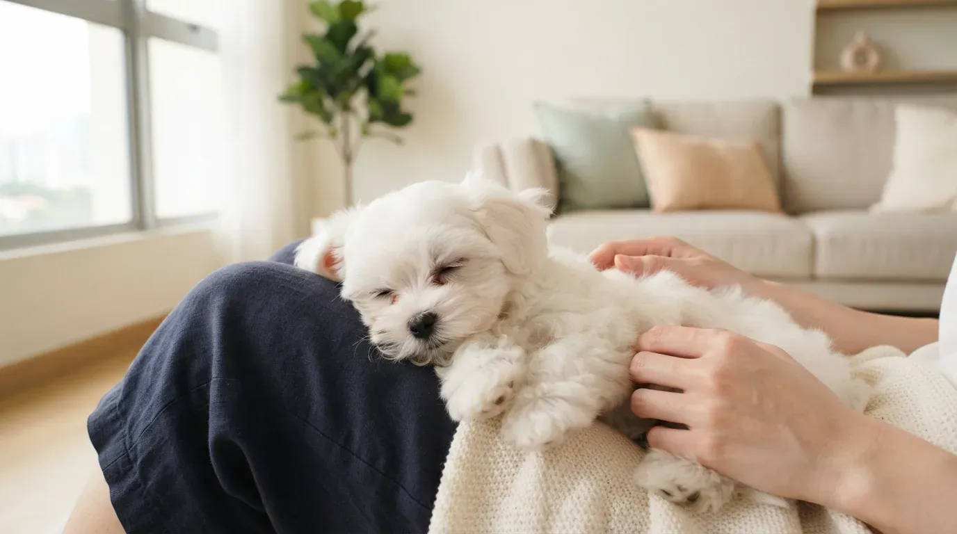 Maltese puppy cuddled close on a caregiver's lap at home