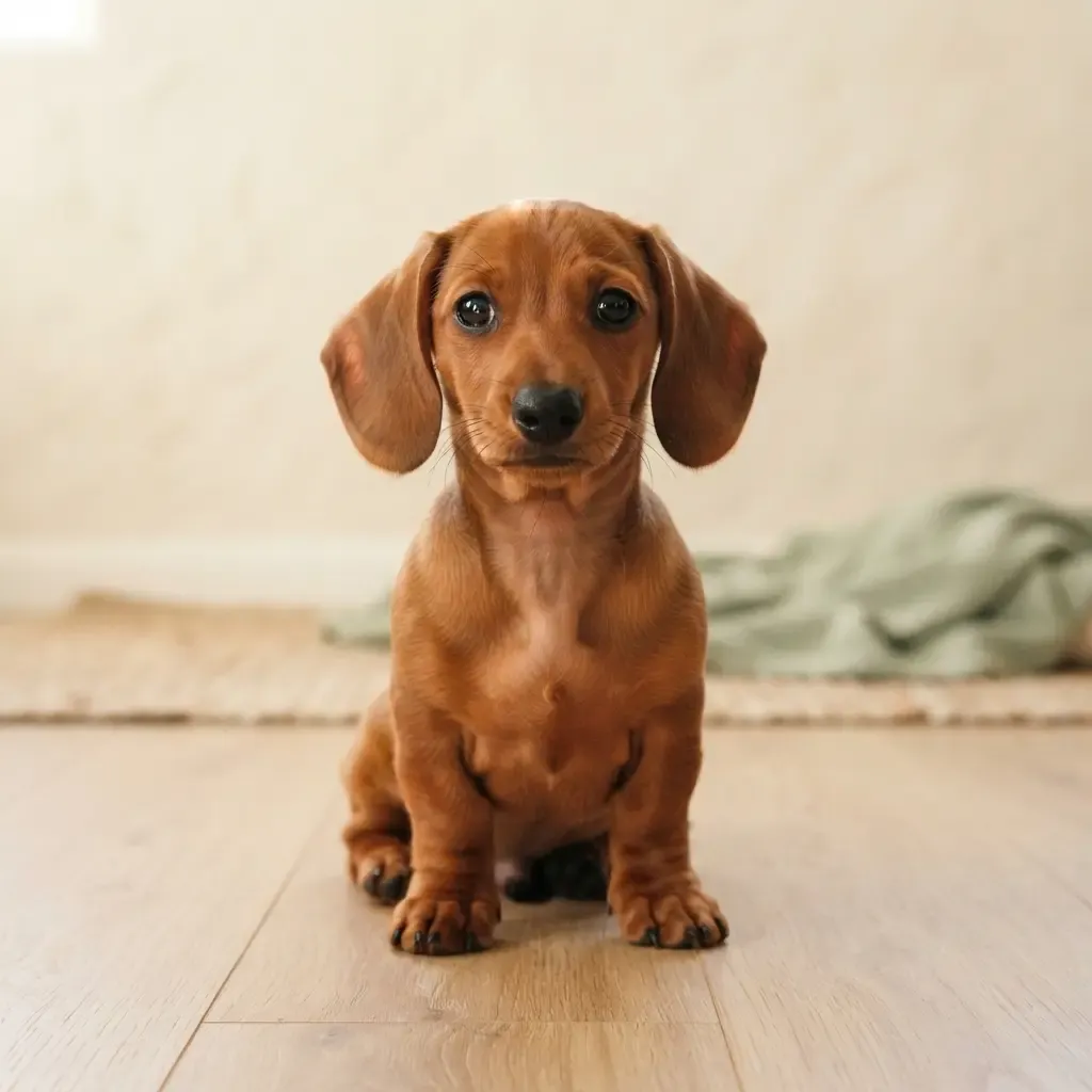 Mini Dachshund puppy standing on a rug