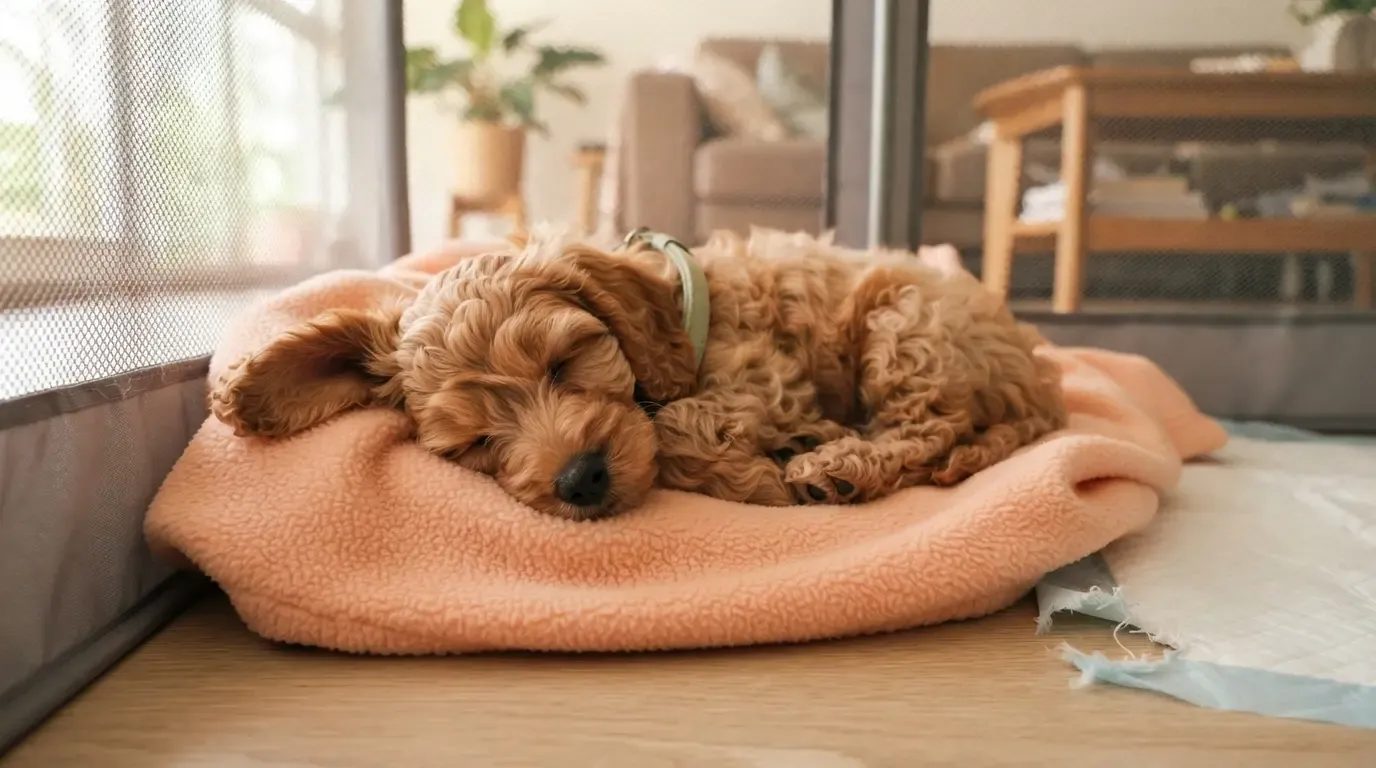 Puppy starter kit housing items in use: apricot Cavapoo asleep in the fleece bed inside its playpen corner