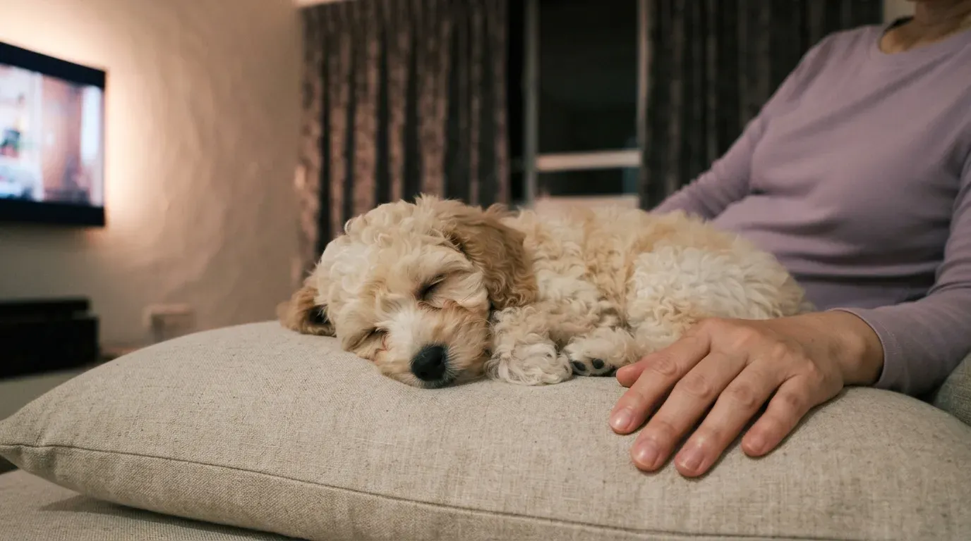 Cream puppy calm beside a caregiver as fireworks sound outside in Singapore
